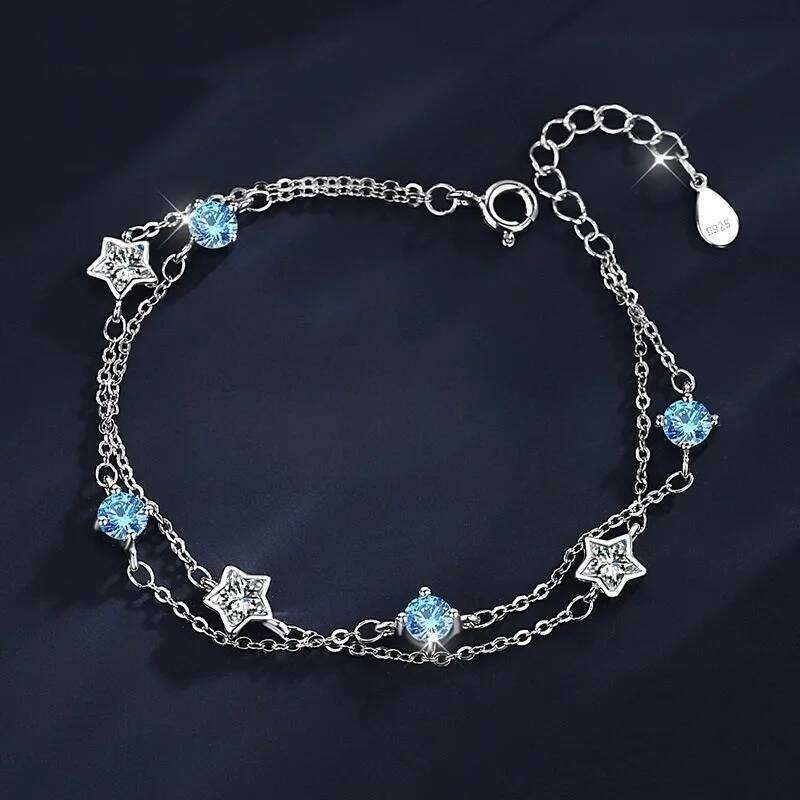 925 Sterling Silver Blue White Crystal For Women Luxury Sparkling Double Layer Star Bracelets Elegant Jewelry Z260313