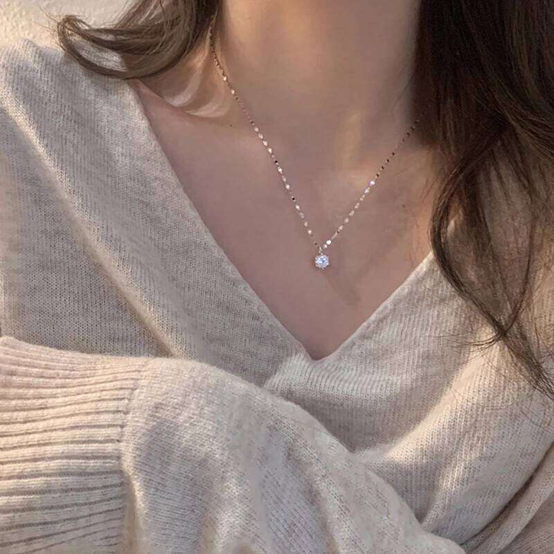 ANENJERY Silver Color Single Necklace for Women Six Claws Zircon Clavicle Chain Wedding Party Jewelry H260312