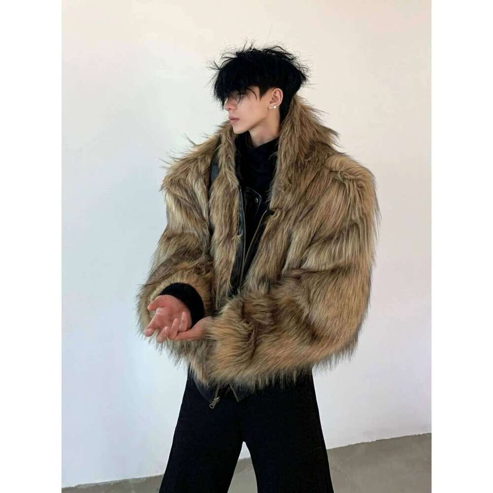 Men Faux Fur Jacket Coat Pu Leather 2025 Winter Thick Warm Outerwear Spliced Hooded Zipper Pockets Vintage High Street Overcoat Z260313