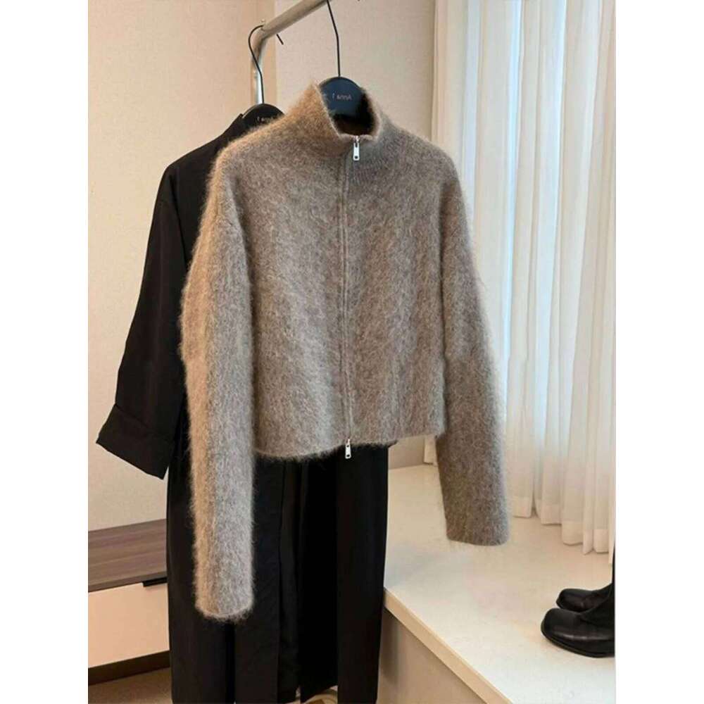New Fashion Zipper Knitted Cardigan Temperament Stand Collar Soft Mohair Top Coat Women's Autumn Winter Loose Warm Sweaters Z260314