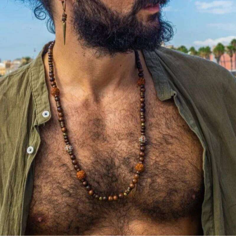 Wooden beaded necklace men's vacation, retro long beach walnut collarbone chain H260312