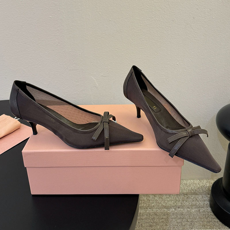 Womens Designer Mesh Fabric Bow Heeled Pumps fashion Japan Korean Style Sexy pointed high heels lady Elegant generous Formal Events Mesh Stiletto Heel