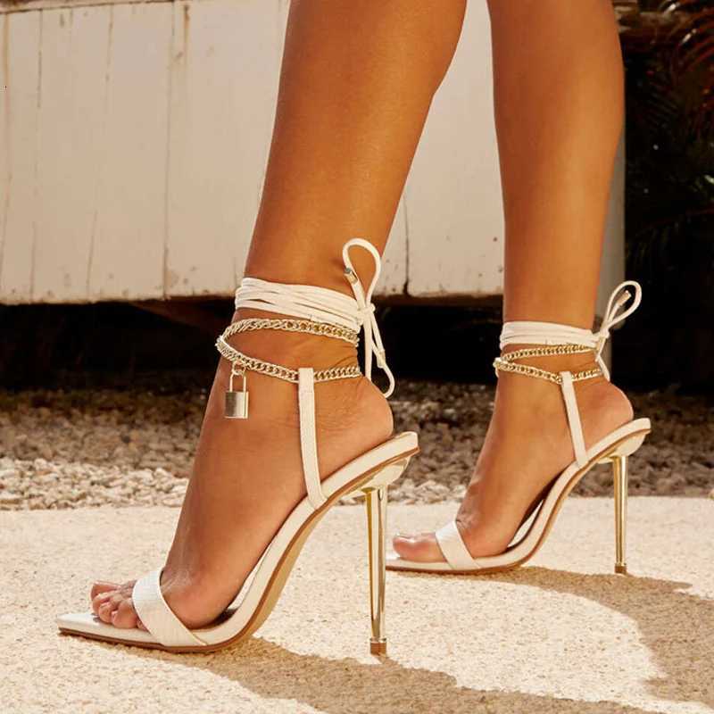 Womens Sandals High Heels 12CM New Chain Ankle Strap Gold White Pointed Toe Female Party Shoes Sandalias de mujer Size 35-42 K260313