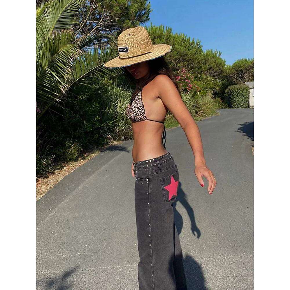 Aesthetic Star Pattern Print Loose Straight Leg Denim Long Pants Women's Y2k Vintage Jeans Casual Low Waist Trousers 2025 Z260313