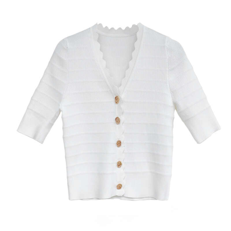 2026 designer women's niche exposed collar top summer V-neck short sleeved ice silk knitted cardigan short