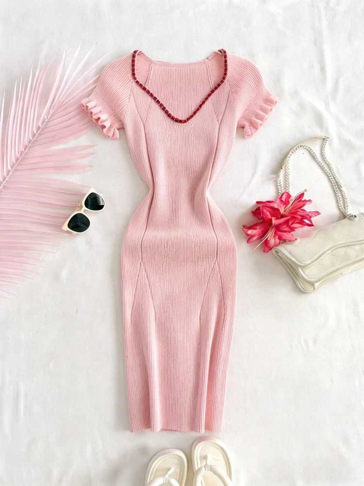Pink Ruffle Solid Mini Dress Womens Short Sleeve V-Neck Contrast Sundress Elastic Ribbed Knit Bodycon Sexy Party Dress OutfitsT260314