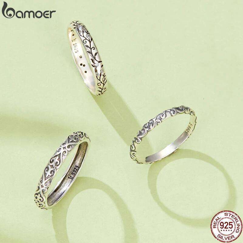 BAMOER 925 Sterling Silver Vintage Embossed Vine Pattern Band for Women, Stackable Engraved Iris Ring Minimalist Daily Gift H260312