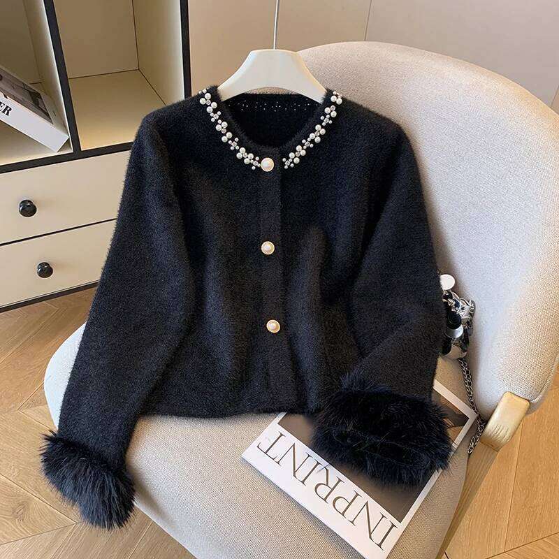 Women Knitted Cardigan Nail Bead Round Neck Long Sleeve Splicing Plush Design Autumn Winter New Style Western Sweater Coat Z260313