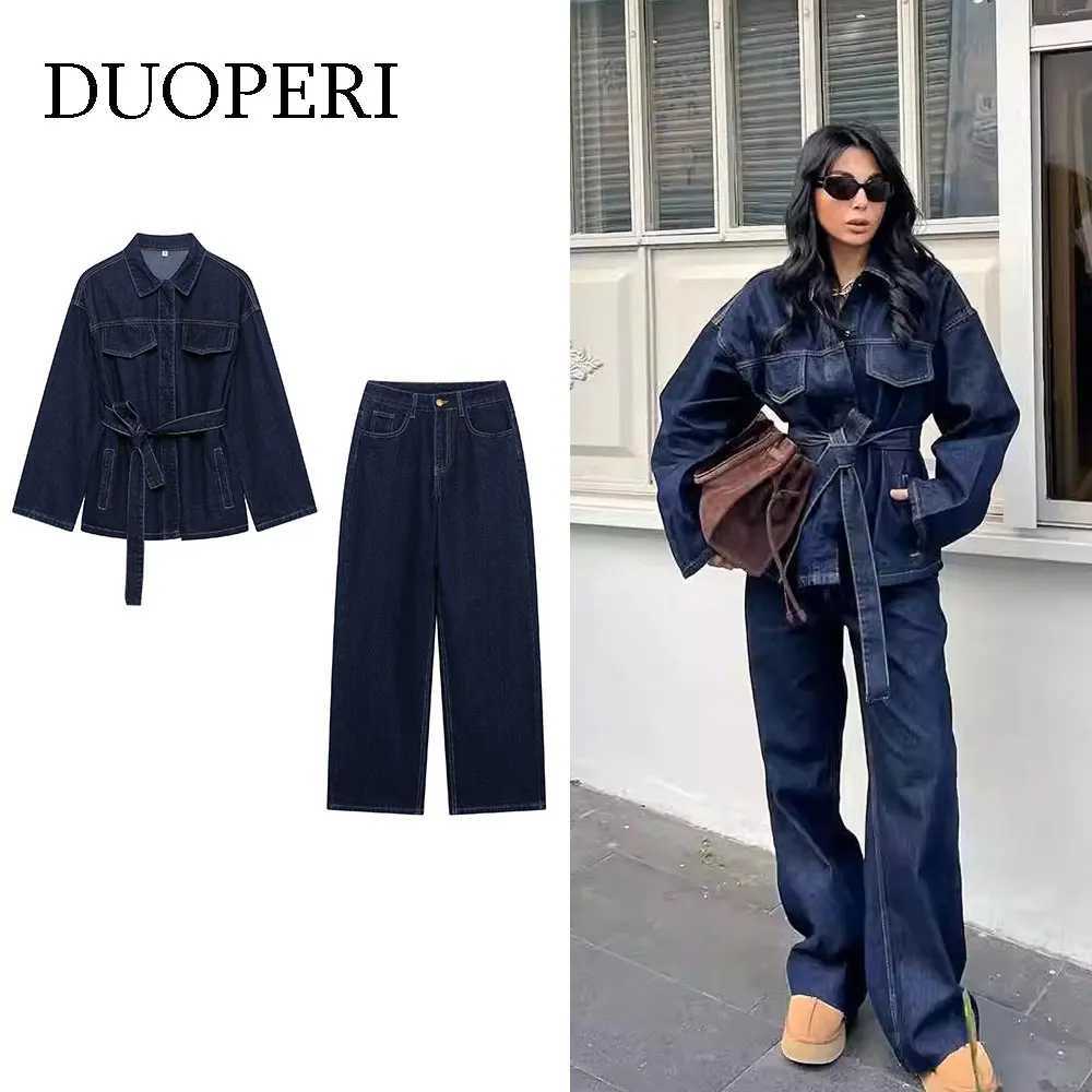 DUOPERI Women Fashion 2 Pieces Sets With Belt Denim Jackets Vintage Front Zipper Jeans Trousers Feamle Chic Lady Pants Sets M260313