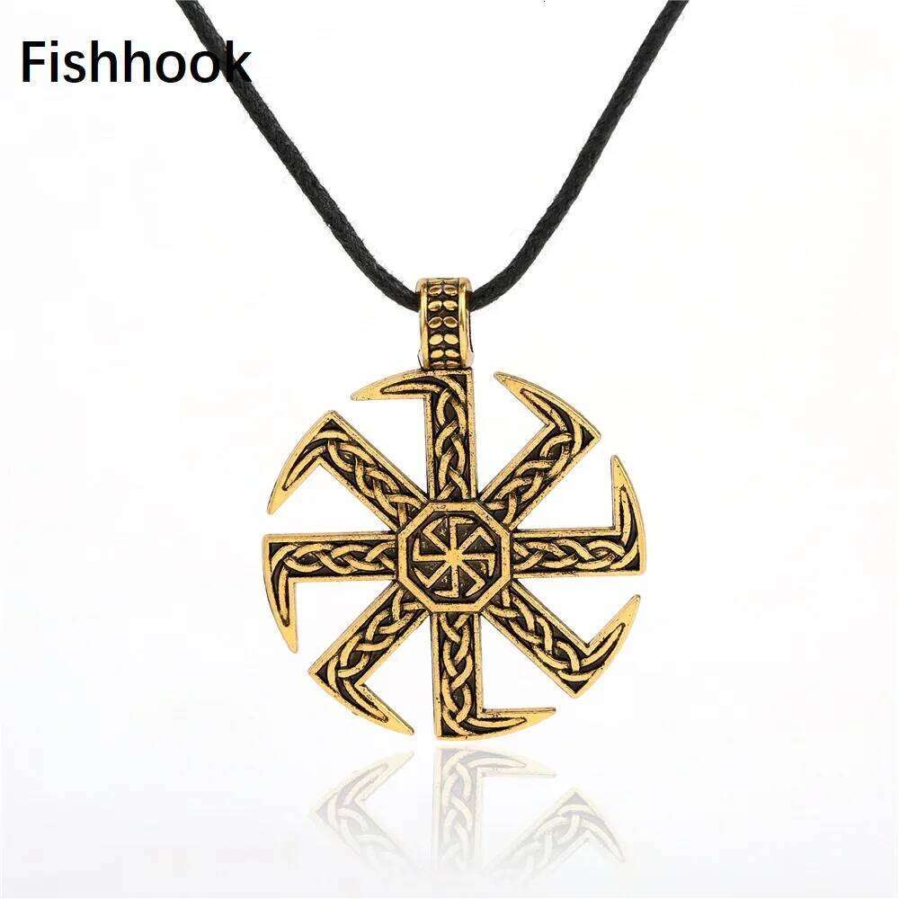 Skyrim Slav Taislman Kolovrat Sun Wheel Pendant Stainless Steel Wax Rope Necklace Vintage Talisman Jewelry Gift for Boy and Girl H260312