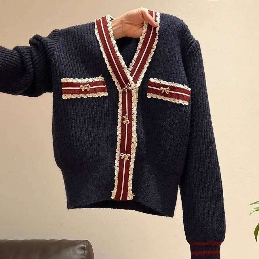 Autumn Winter Preppy Style Patchwork V-neck Long Sleeve Knitting Cardigan Femme Fashionable Buttons Thick Sweater Coat Women Z260313