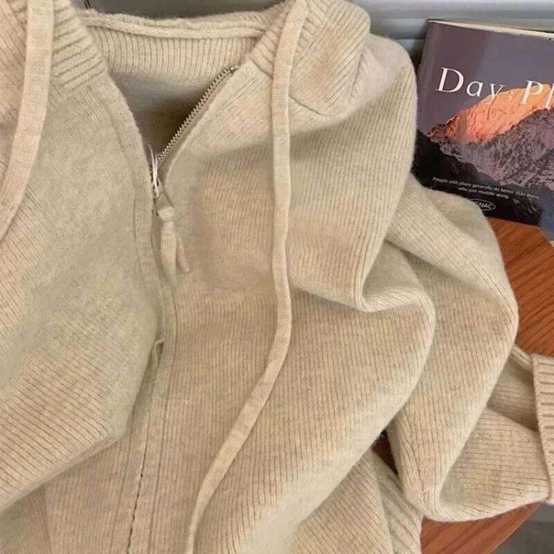 Khaki Knitted Hooded Cardigans Women Casual Drawstring Students Sweaters Zip-up Coats Spring Winter Loose Soft Z260314