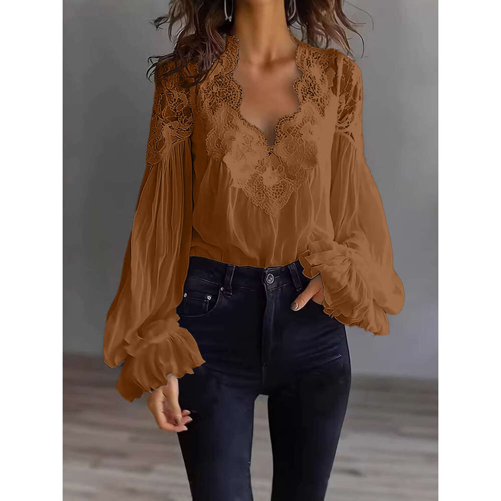 Women's Blouse Solid Color Elegant Sexy V-neck Lace Splicing Lantern Sleeve Solid Blouse Office Commuter Chic Shirt For Female shirt thin women