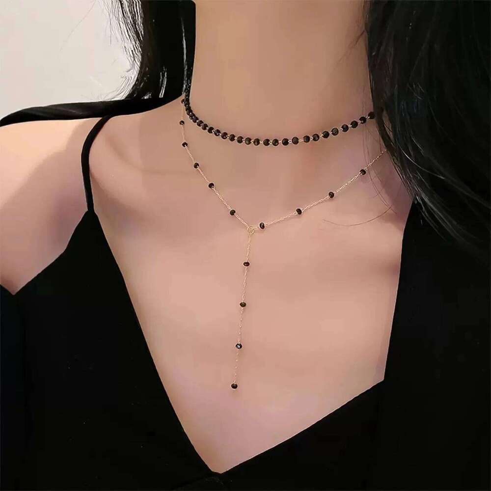 Double Layer Black Crystal Design Necklace Clavicle Chain for Women Lady Banquet Wedding Dresses Skirts H260312