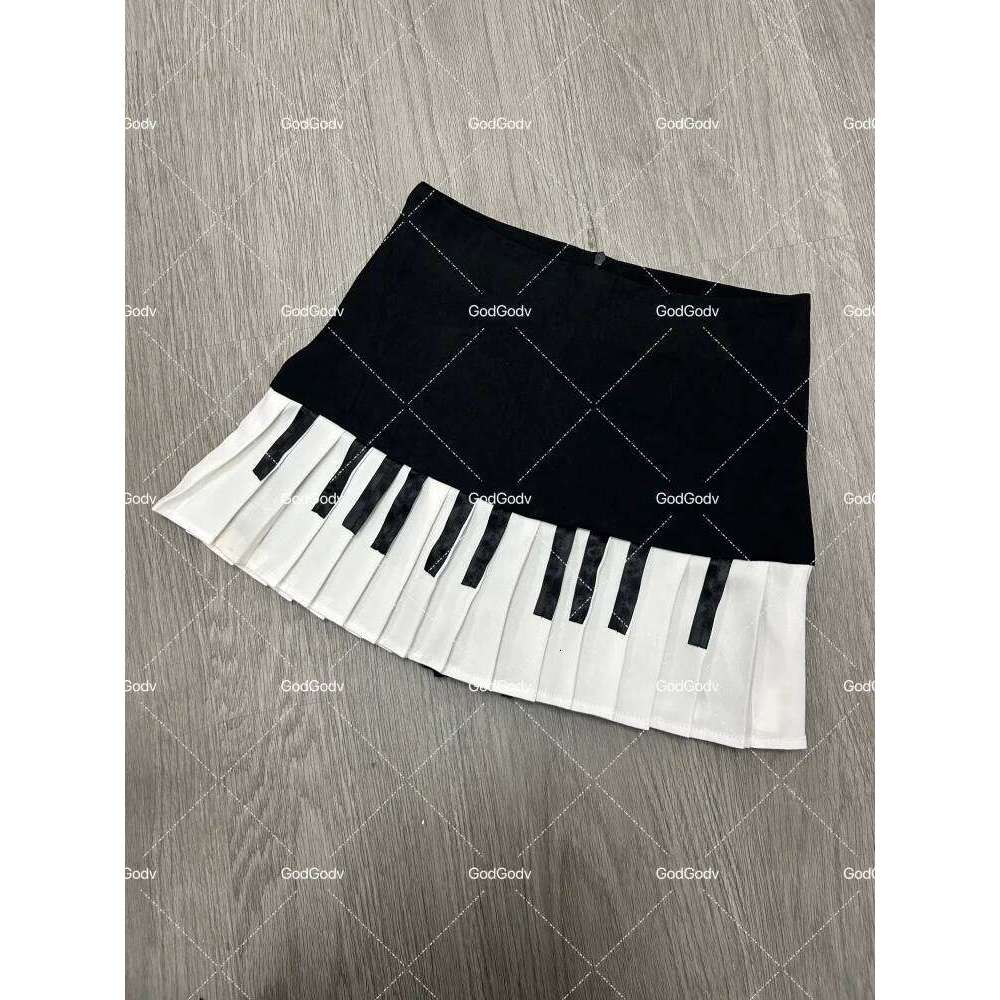 Spring Black White Spliced Women Short 2025 Y2k Slim Design Harajuku Mini Female Empire Korea Style Chic Piano Skirt Z260314