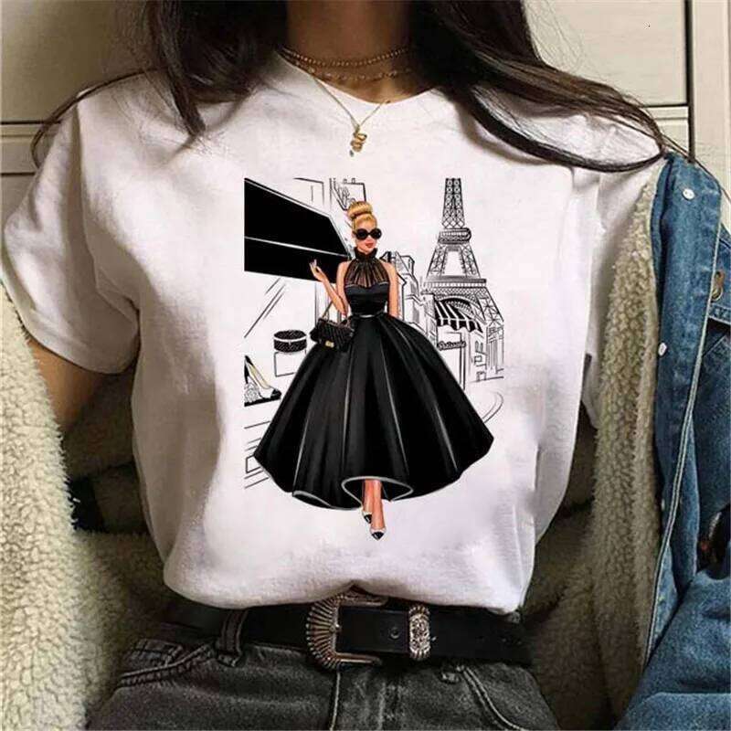 Fashion Paris Trip Lady Print T Tshirts Casual Round Neck Short Slee Tee Shirt Plus Size TShirt Streetwear Daily Clothing Z260314