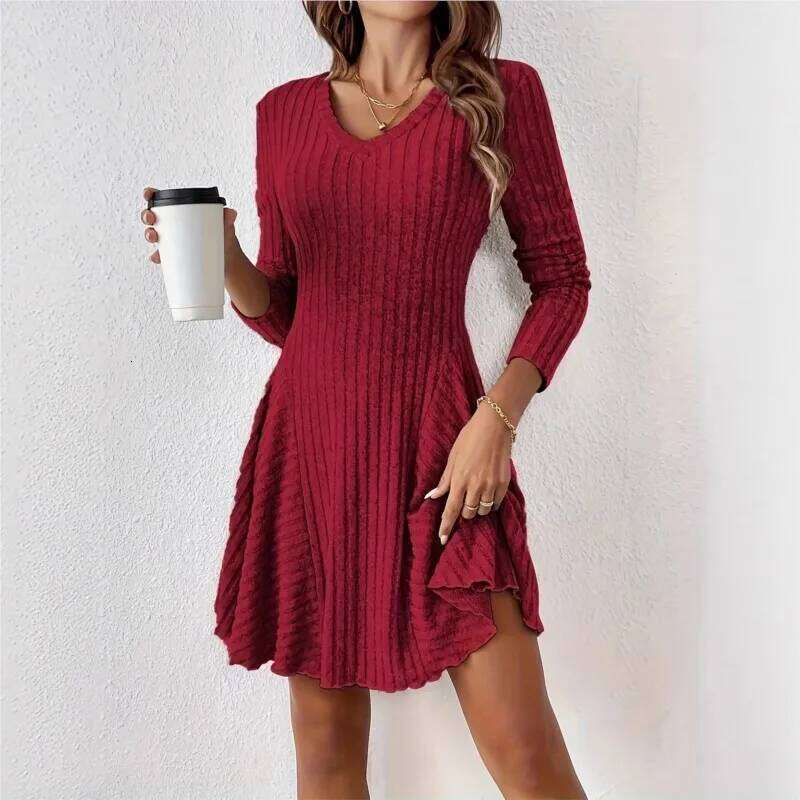 Solid Color V-neck Dress Autumn Winter Women's New Fashionable Knitted A-line Long Sleeved Short Frock Z260314