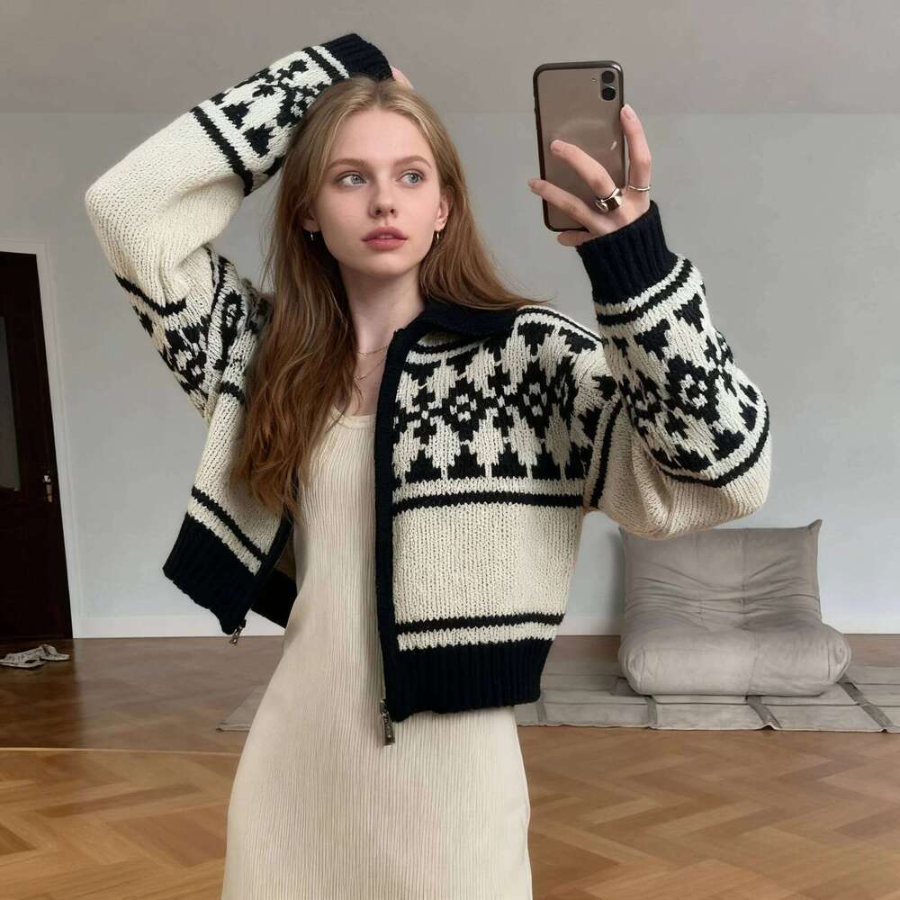 NEW Korean Gentle Touch Winter Retro Cardigan Chic Jacquard Zipper Knitted Sweater Cozy Jacket Z260313