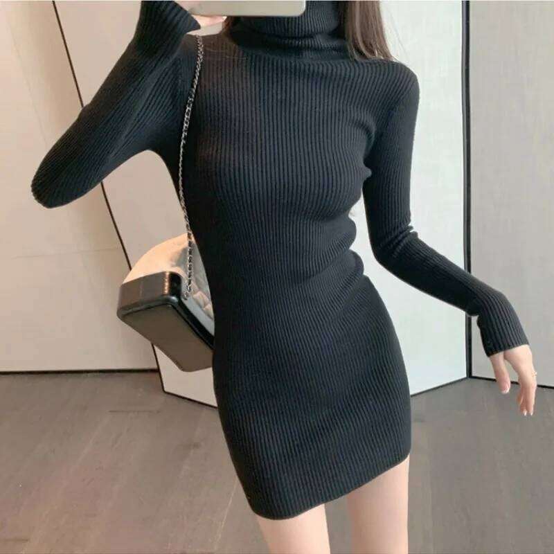 Autumn Winter Sweater Fashion Female Long Sleeve Skinny Elastic Casual Turtleneck Kintted Dress Women Sexy Mini Dresses Z260313
