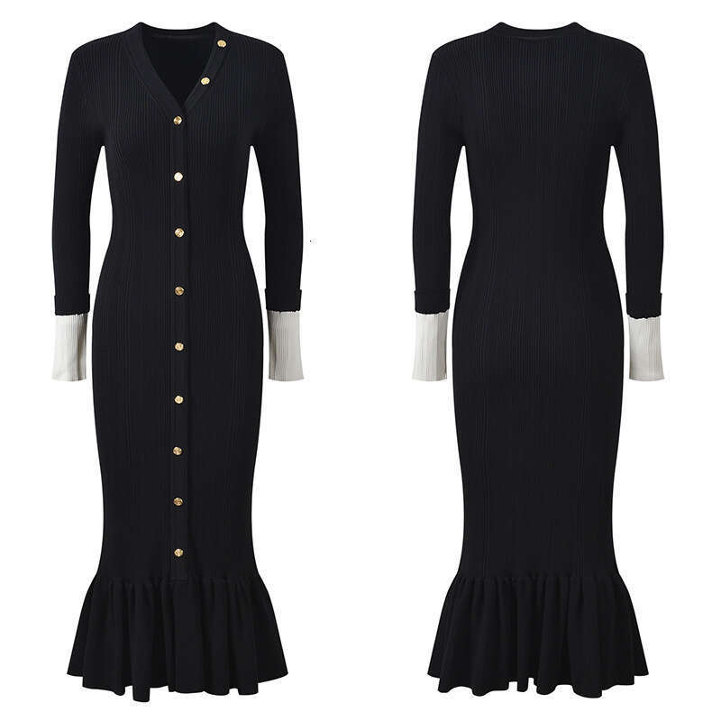 2026 designer European and American women's V-neck single breasted fish tail slim fit long sleeved knitted dress