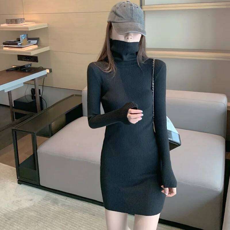 Autumn Winter Sweater Fashion Female Long Sleeve Skinny Elastic Casual Turtleneck Kintted Dress Women Sexy Mini Dresses Z260313