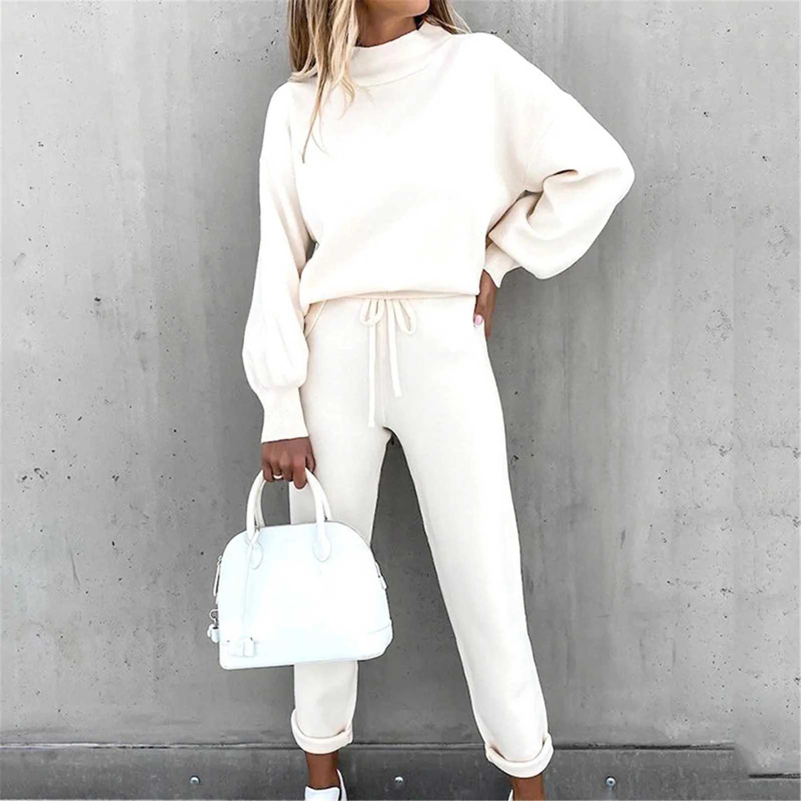 Elegant Cozy Women Two Piece Set Mock Neck Long Sleeve Top Popular Tie Waist Jogger Pants Loose Fit Comfy Casual Lounge Outfit M260313
