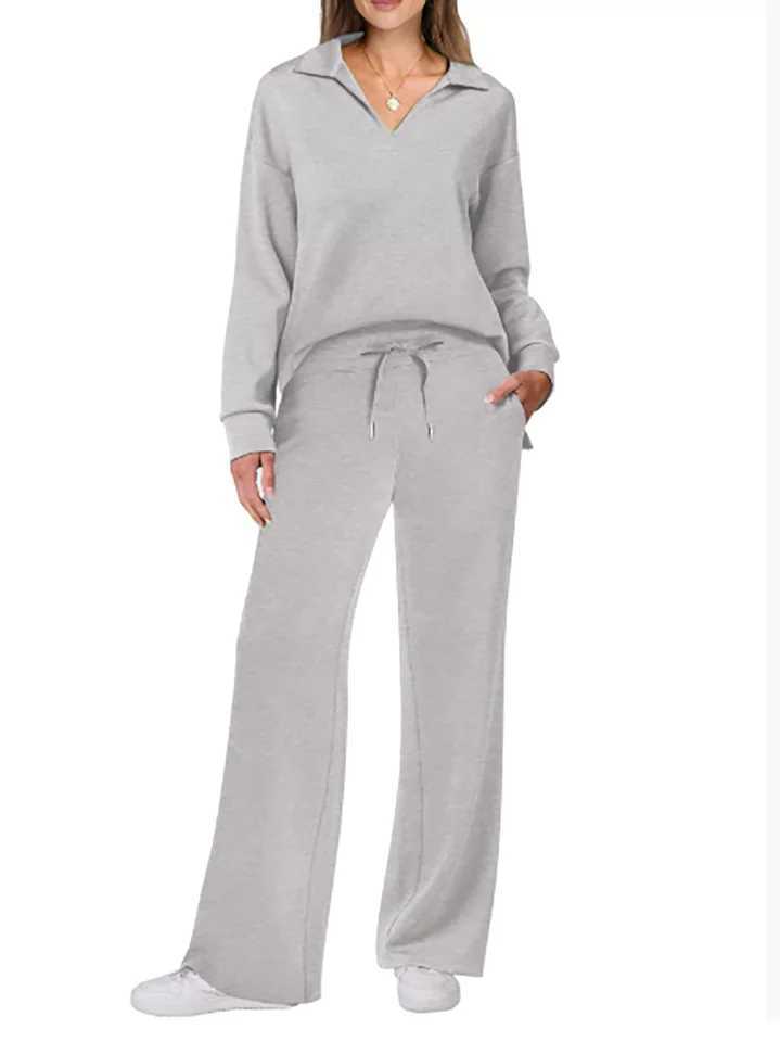 2025 European and American Autumn and Winter New Fashion Casual Womens Long Sleeved Drawstring Solid Color Commuting Pants Set M260313