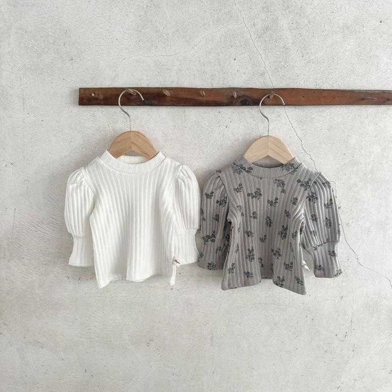 Women's Knits & Tees Children's Spring and Autumn Versatile Baby Girls' Stylish Floral Print Top with Puff Sleeves Ribbed T-Shirt for G