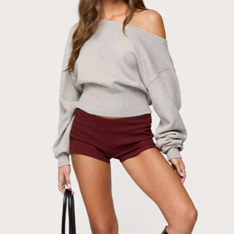 Chic Slim Fit Knit Pullover Sexy Solid High Waist Soft Sweater Low Neck Crop Sweatsuit 2025 New Lady Autumn Streetwears Z260313