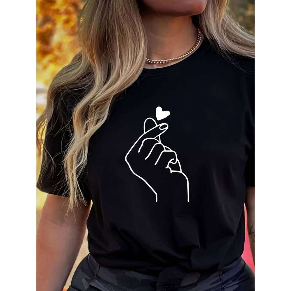 Cute Print Solid Crew Neck T-Shirt, Short Sleeve Casual Every Day Top For All Season, Women's Clothing Z260314