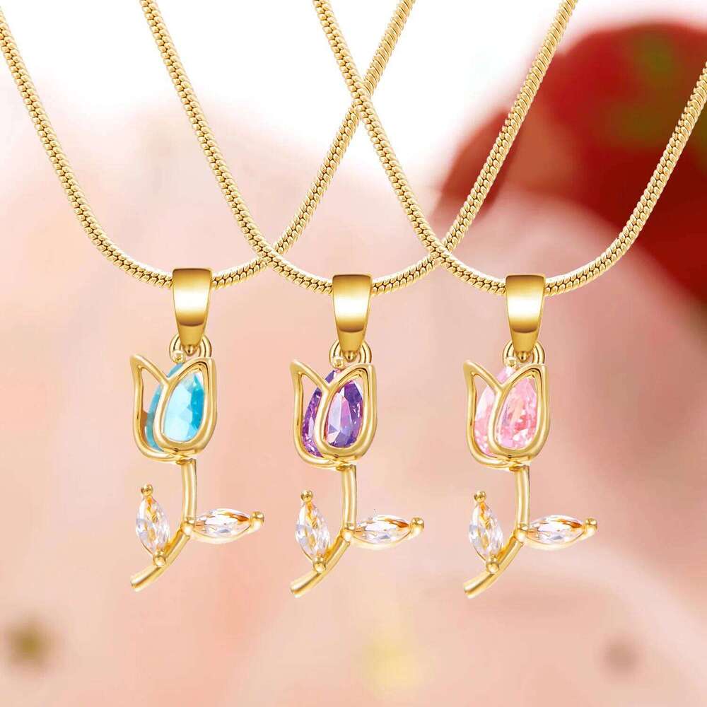 Light Zircon Tulip Flower Pendant Necklace for Women Elegant Stainless Steel Clavicle Chain Fashion Party Jewelry Gift H260312