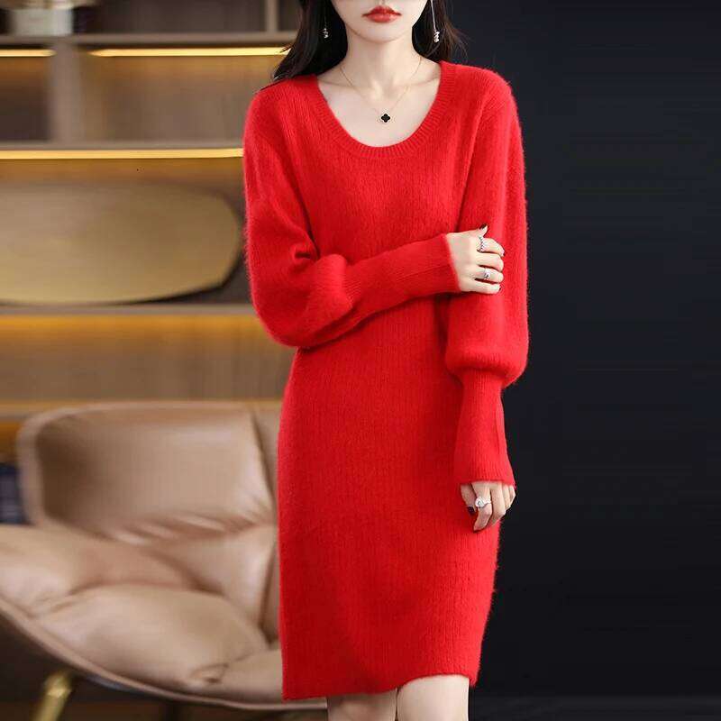 Autumn Winter 100% Mink Knit Long Skirt Women Scoop Neck Knee-length Dress Casual Warm Jumper Cashmere Base Shirt Top Z260313