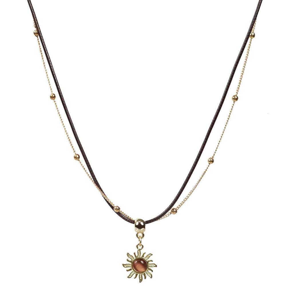 Y2K Vintage Brown Bowknot Flower Sun Stone Leather Pendant Necklace Stacking Choker Plush Leopard Clavicle Chain For Women Girl H260312