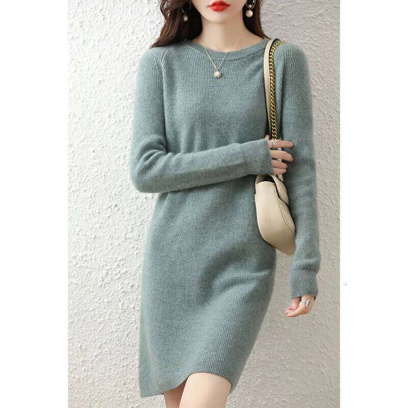 Knit Dresses for Women's Fashion Sweater 100% Merino Wool Winter Ladies O-Neck Warm Knitted Dress Fall Female Casual Black Skirt Z260313