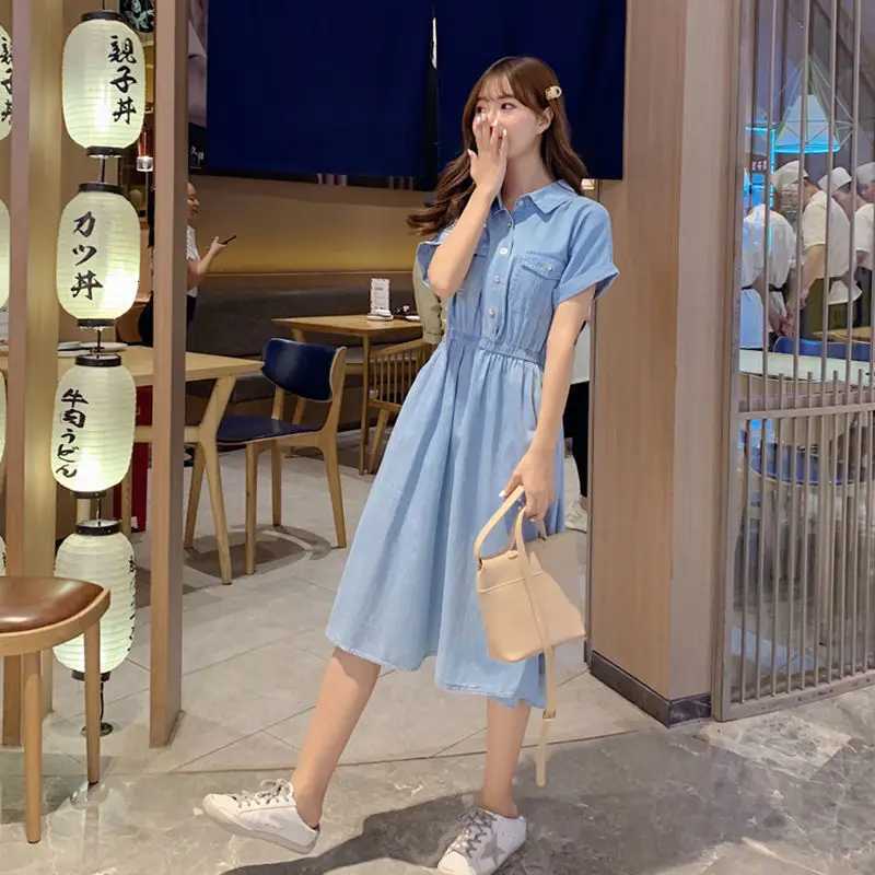 Lightweight Denim-Like Womens Dress Summer New Korean Style High-Waisted Button-Front Shirt Dress Versatile Casual Midi DressT260314