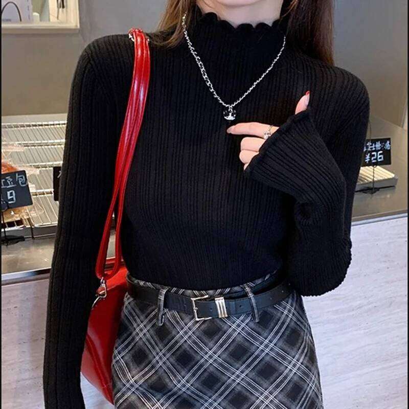 2025 Autumn Winter Women Half Turtleneck Fashion Wooden Ear Pullover Knitted Tops Long Sleeve O Neck Slim Warm Sweater Female Z260313