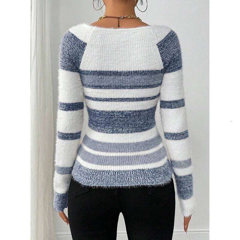 2025 New Autumn Winter Slim Fit Square Neck Women's Striped Faux Mink Soft And Cozy Style Knitted Sweater Z260313