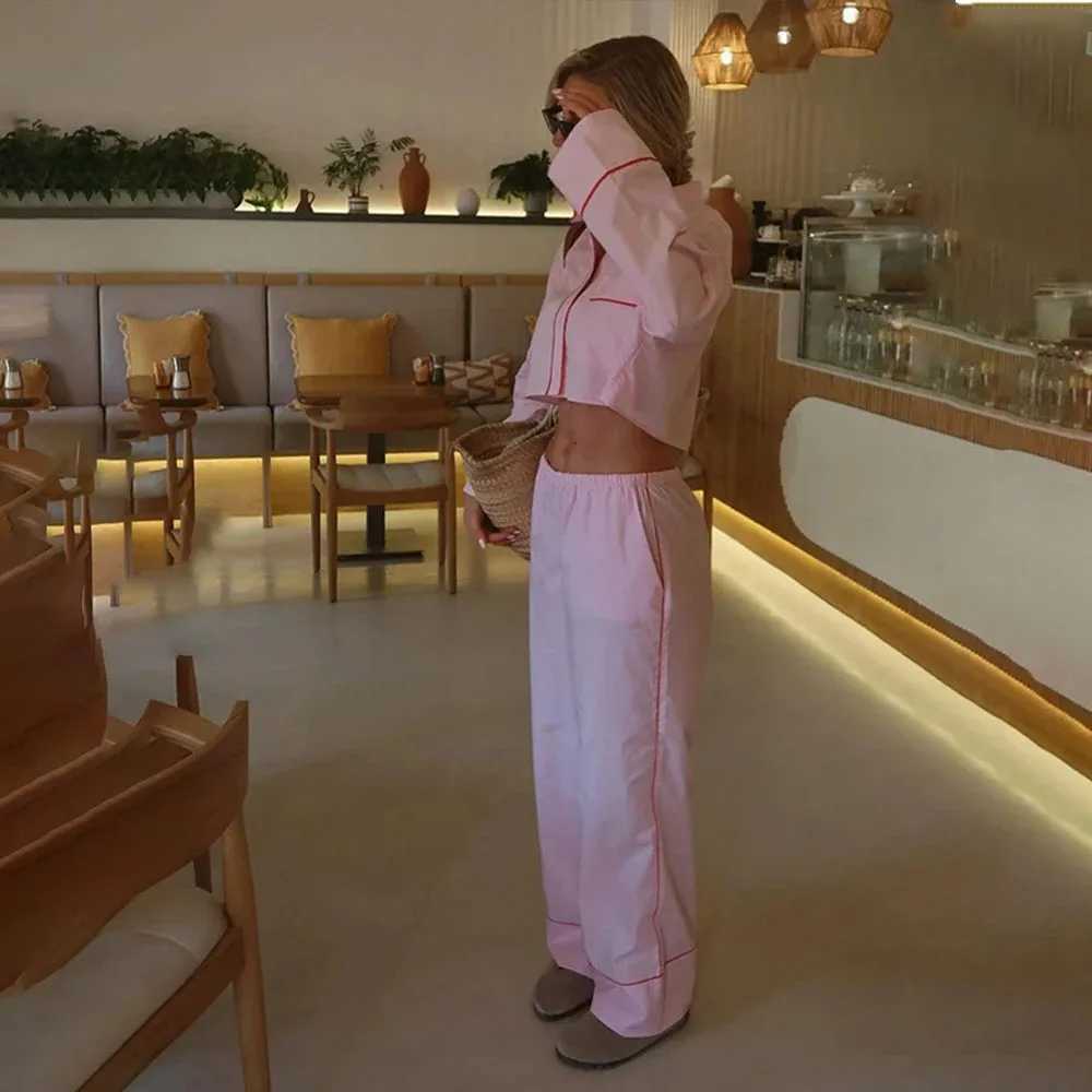 PRINTKAOIR Chic Patchwork Long Pant Sets For Women Lapel Long Sleeve Blouse Wide Leg Trousers 2 Pieces Sets Lady Streetwear M260313