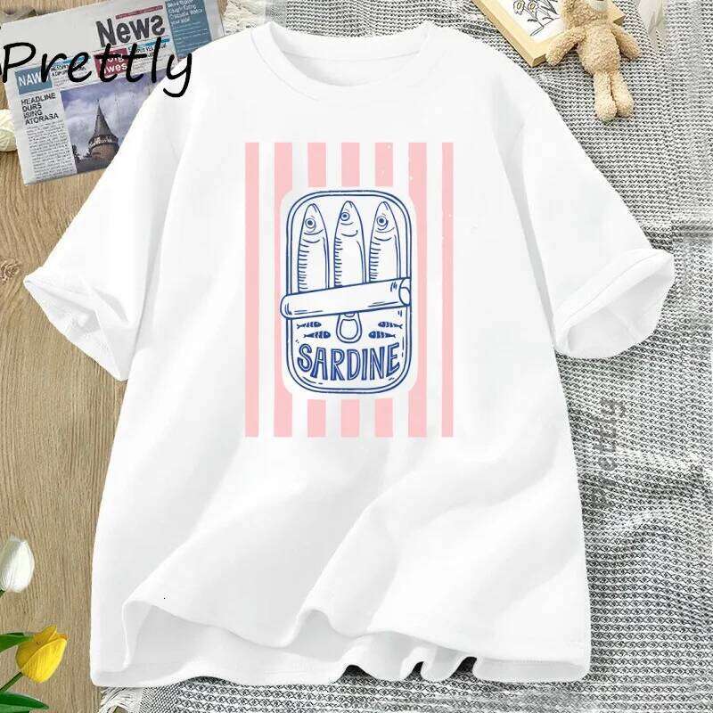 Sardines Tinned Fish T Shirt Women Summer Retro Seafood Graphic Tee Casual Cotton Short Sleeve Round Neck Tshirt Woman Clothes Z260314