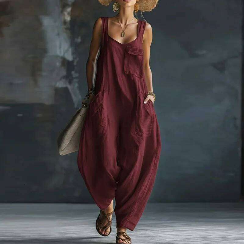 Spring Retro Solid Baggy Trousers Woman Jumpsuit Elegant Square Collar Strap Romper Summer Sleeveless Pocket Streetwear Overalls