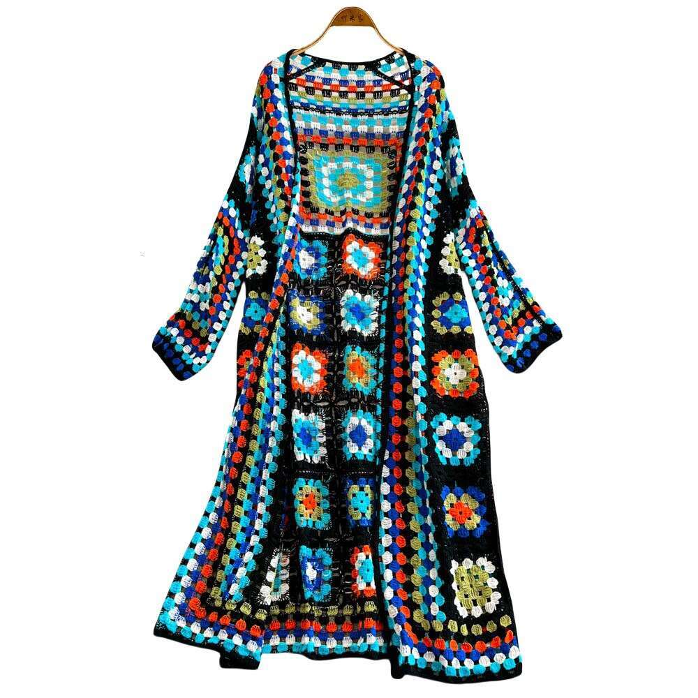Designer ethnic style retro heavy-duty crochet hook design color blocked checkered A13 knitted women's cardigan jacket