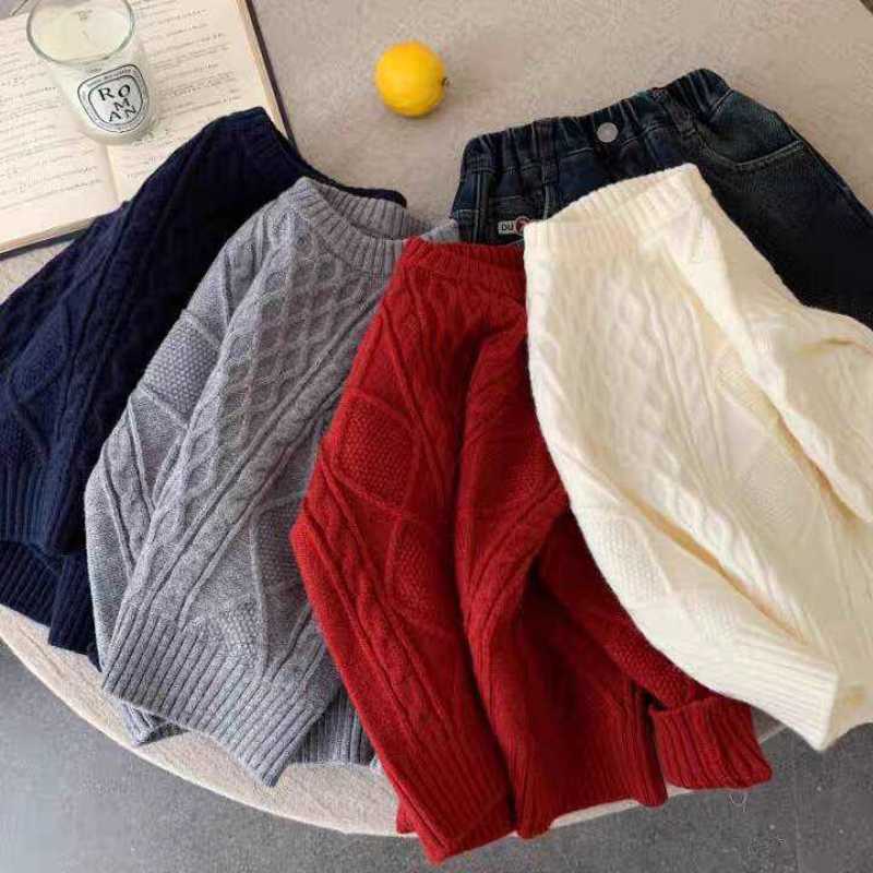 Pullover Children's Sweater for Boys and Girls Casual Thick Knitwear New Winter Style Baby Solid Color Textured Base Shirt Warm