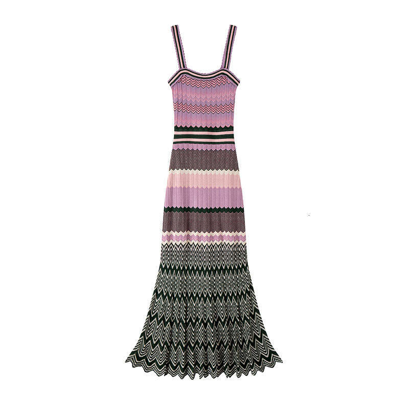 Designer French Elegant Women's Spring and Summer Sleeveless A-line Hoodie Wave Striped Medium Length Knitted Dress