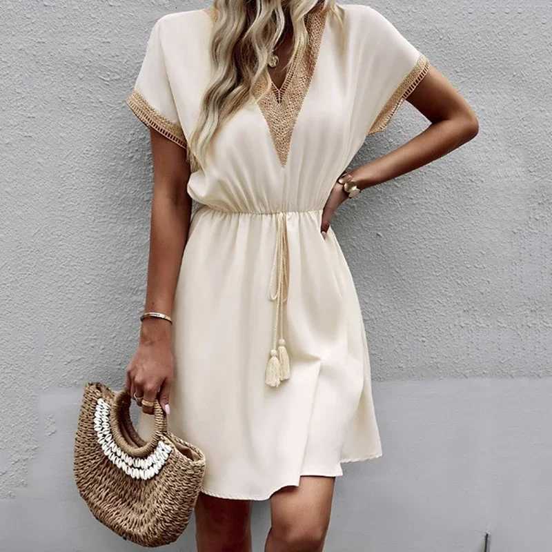 Summer Solid Short Sleeve Lace V Neck Waistband Female Beach Midi Short Dress Elegant Womens Sweet White Solid Color DressesT260314