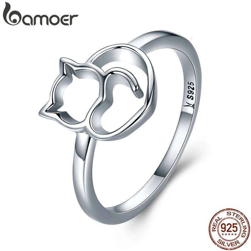 BAMOER Authentic 925 Cute Little Cat & Heart Finger Ring for Women Sterling Silver Jewelry Gift SCR104 H260312