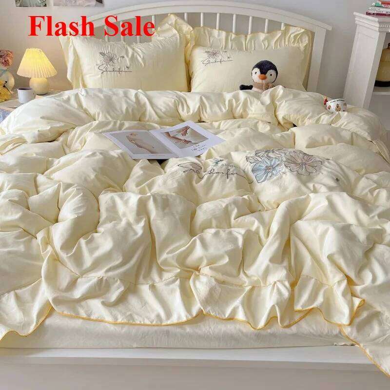 2025 new lace embroidery small fresh and cute girl heart four-piece set washed cotton summer sheet quilt cover bed hat H260312 - view 5