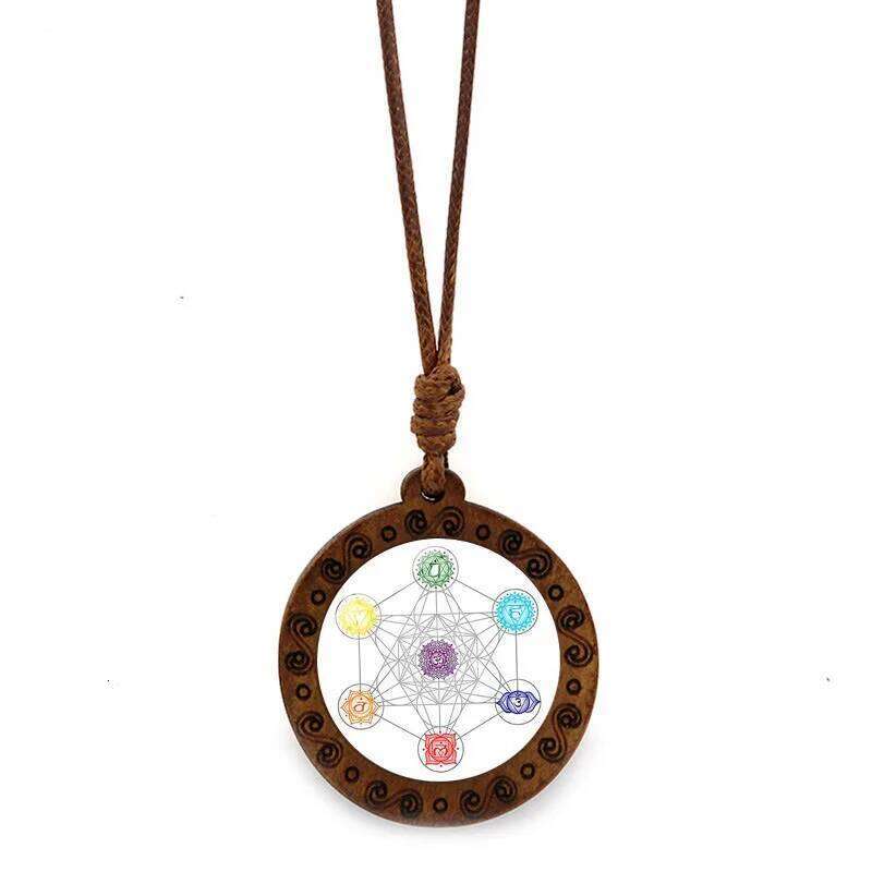Mandala Hexagram Magic Array Time Gem Wooden Pendant Retro Brown Wax Rope Necklace H260312