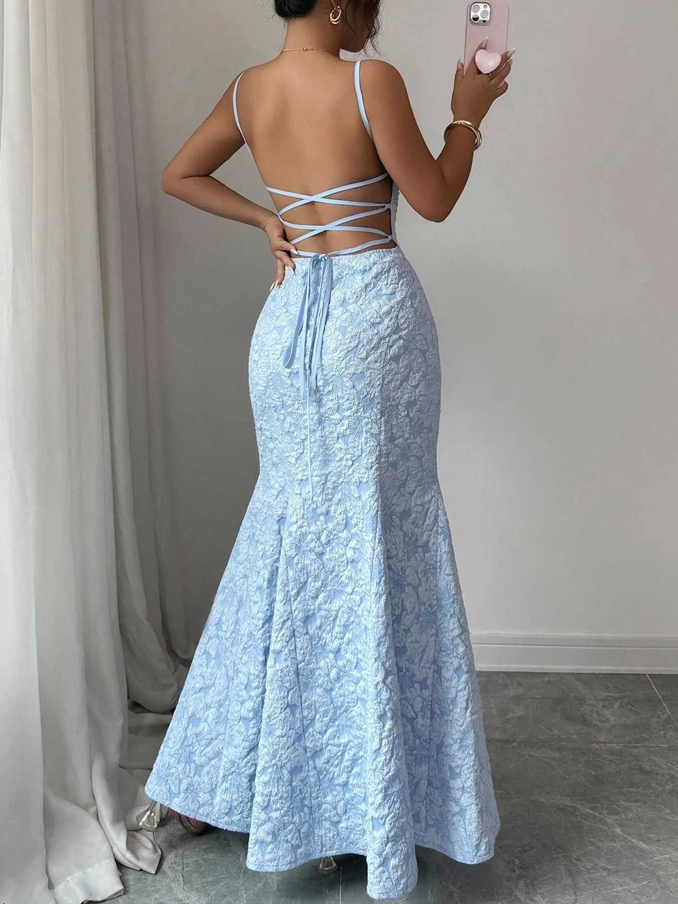 Womens Mermaid Dress Light Blue Spaghetti Strap Backless Lace-Up Maxi Skirt Formal Prom Spring Summer Elegant Evening GownT260316