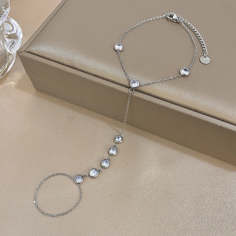 Zircon Beads Chain Bracelet for Women Link Connected Stainless Steel Silver Color Finger Ring Bracelets Hand Harness Jewelry 260313