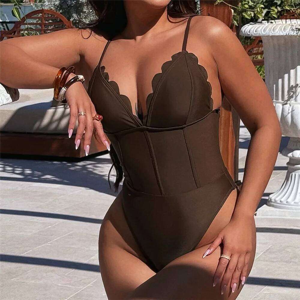 Dark Brown Solid Swimwear Sexy One Piece Swimsuit Woman 2025 Deep V Neck Petal Edge Bathing Suit Bandage Slim Swimming Wear Y260303